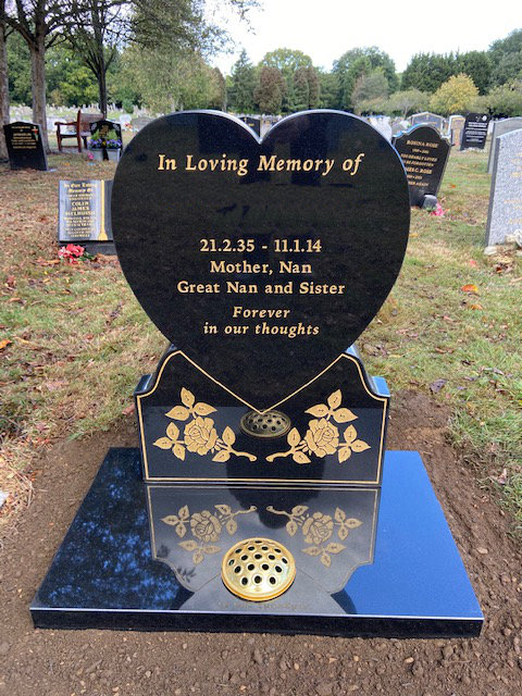  black granite heart memorial with gold roses