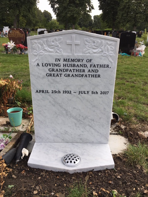  white italian marble headstone with carved cross & roses