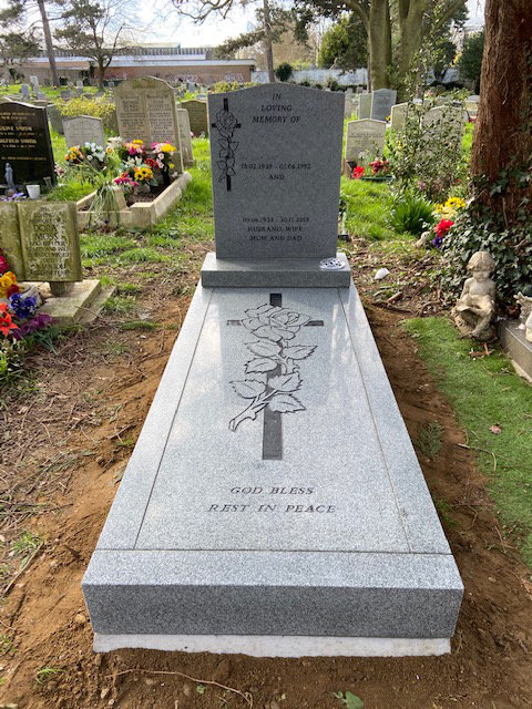 honed light grey full memorial with large cross & rose